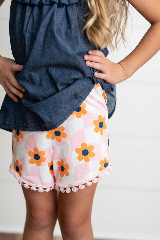 Kids Spring Summer Jean & Retro Flower Check Wave Short Set