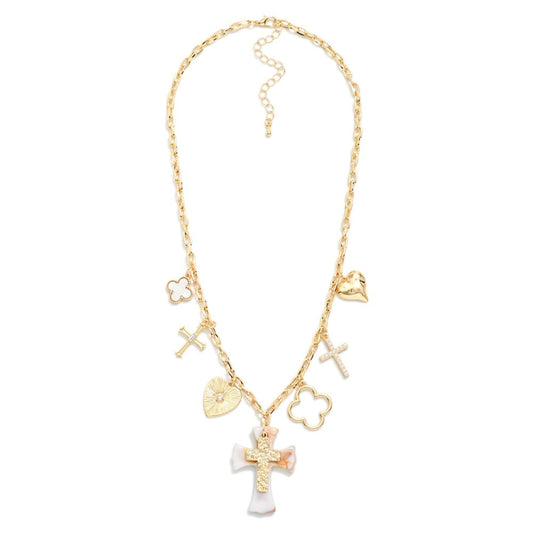 Chain Link Necklace Featuring Gold Tone Charm, Pearls, & Stone