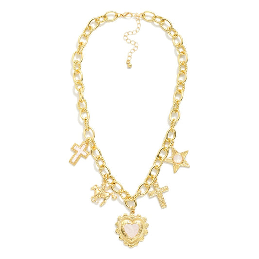 Chain Link Charm Necklace Featuring Heart, Cross, & Cowboy Charms