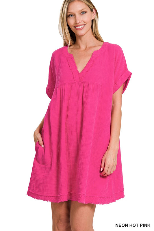 DOUBLE GAUZE RAW EDGE V-NECK DRESS