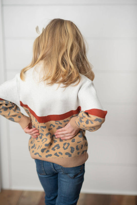 Kids Leopard & Rust V Color Block Fall Crew Neck Sweater