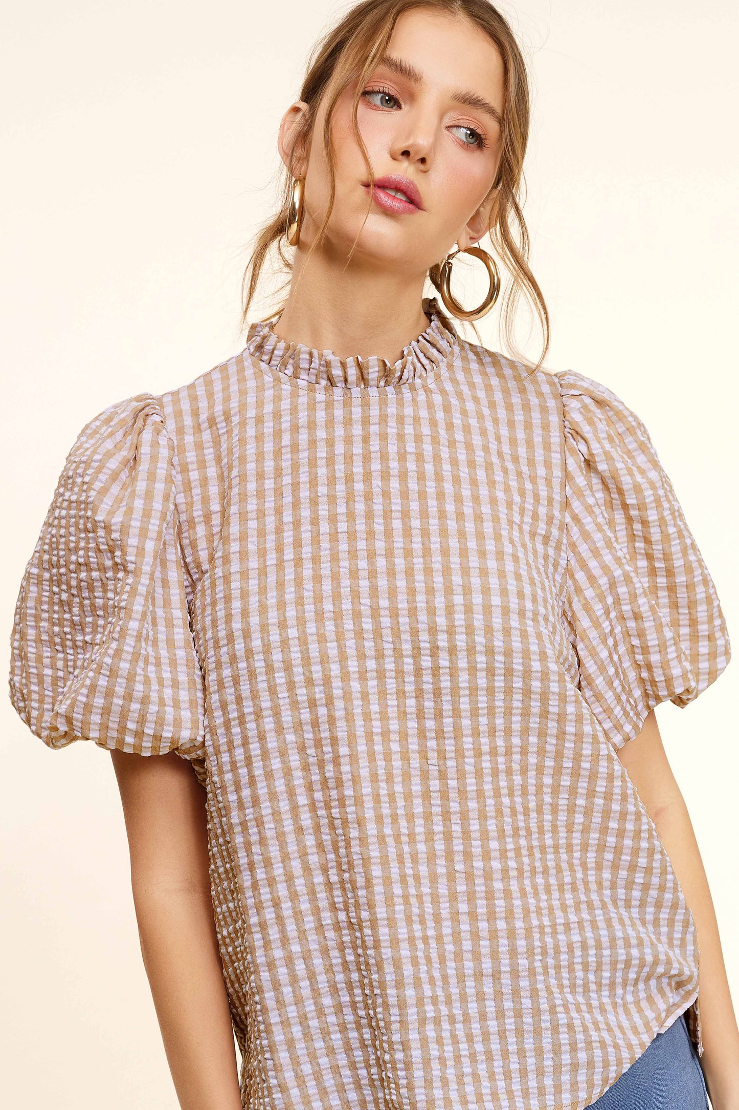 HCT7697-Gingham Check Print Puff Short Sleeve Top Fall