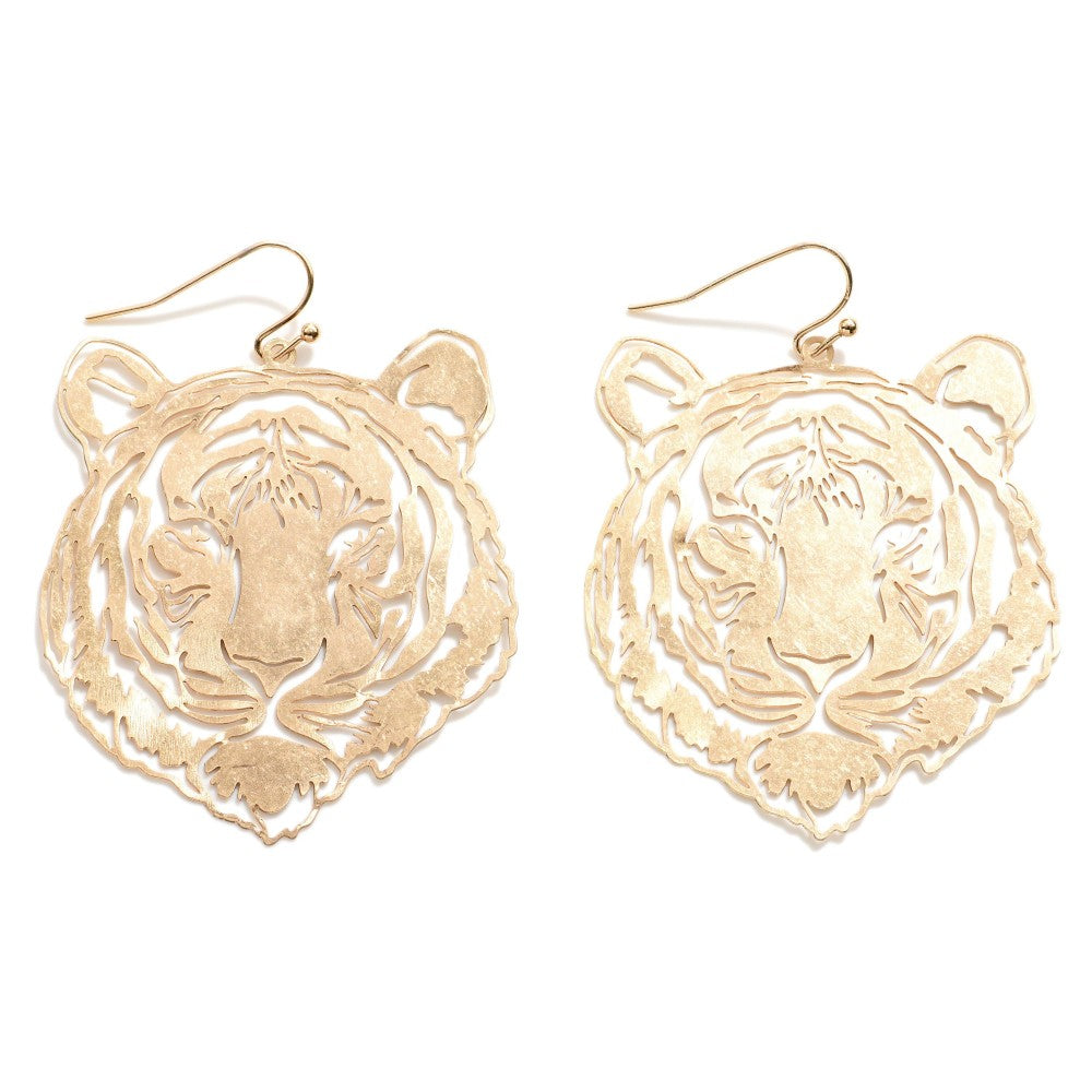 Gold Tone Laser Cut Tiger Drop Earring
