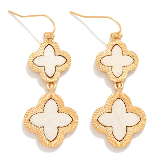 Linked Wood Clovers Drop Earrings Featuring Gold Tone Border