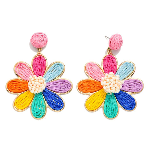 Raffia Flower Post Drop Earrings