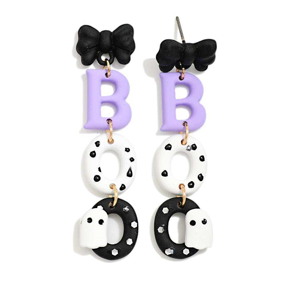 Polymer Clay Linked "BOO" & Bow Ghost Drop Earrings