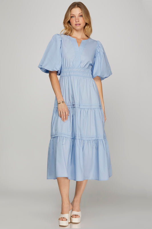 BALLOON HALF SLEEVE POPLIN V NECK TIERED MIDI DRESS WITH POCKETS