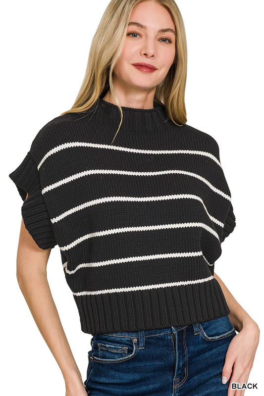 Striped cropped mock neck sweater- Black