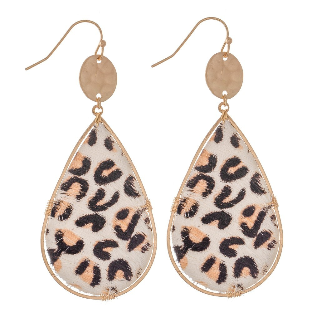 Hammered Leopard Print Cow Hide Teardrop Earrings.