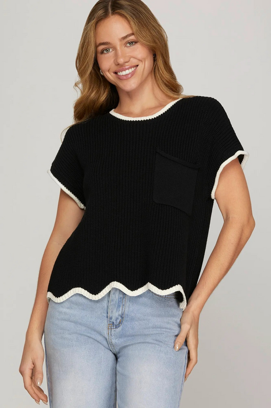 GAME DAY - DROP SHOULDER SHORT SLEEVE SCALLOP HEM SWEATER TOP WITH FRONT SIDE POCKET AND CONTRAST EDGE DETAIL
