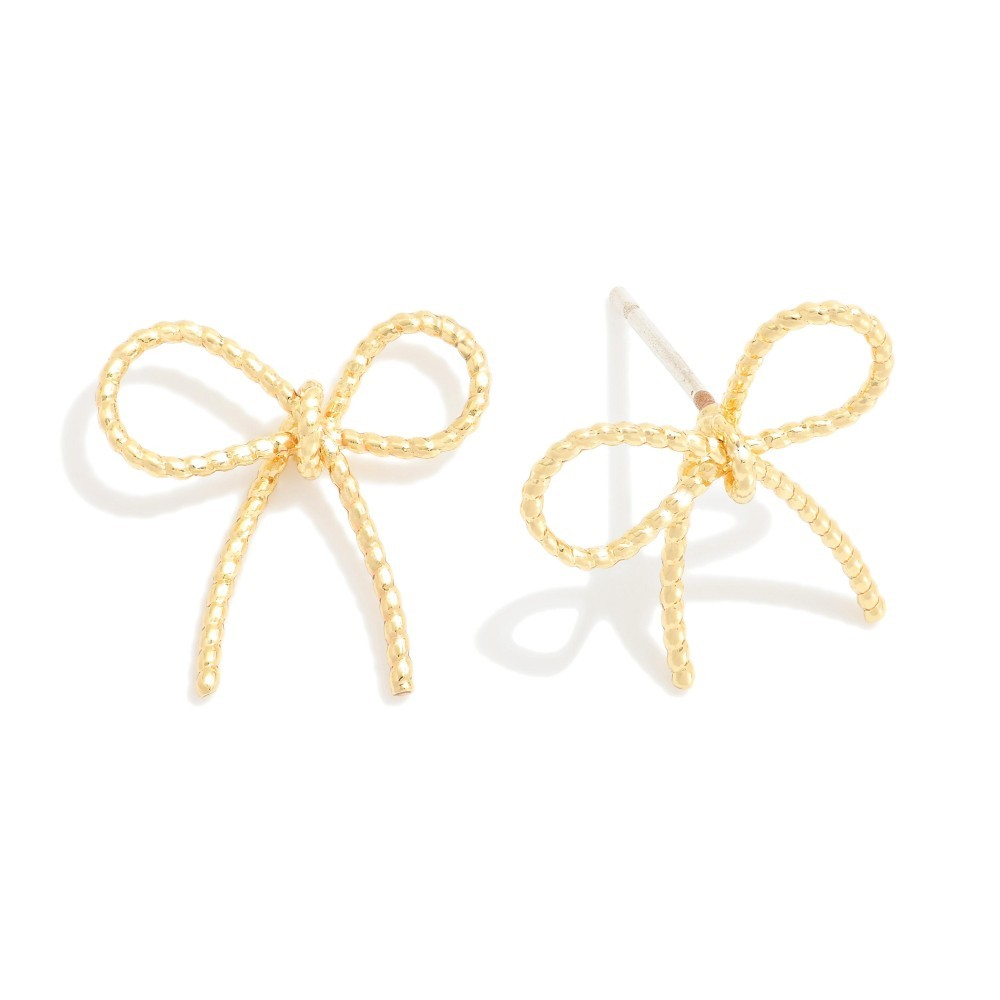 Textured Metal Tone Bow Stud Earrings