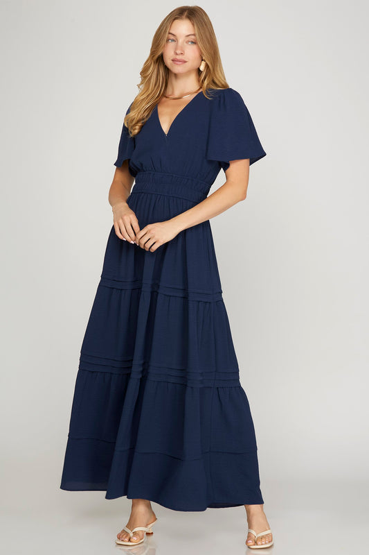 HALF SLEEVE SURPLICE PINTUCK TIERED WOVEN MAXI DRESS