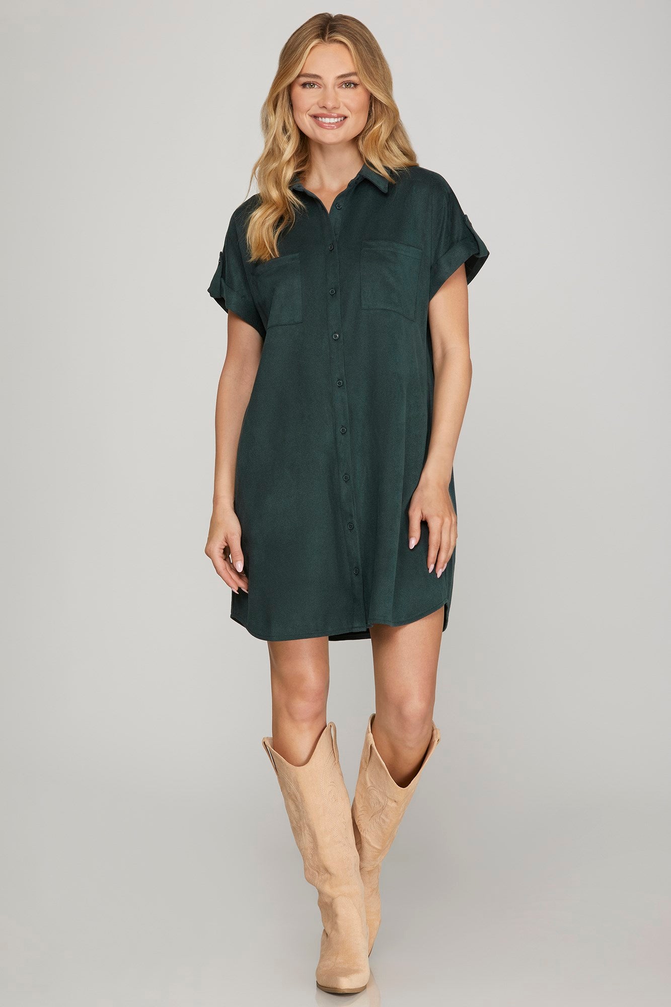 DROP SHOULDER BUTTON UP SUEDE SHIRT DRESS WITH POCKETS