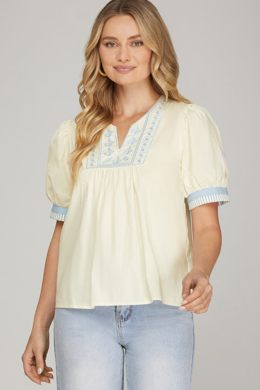 SHORT SLEEVE FRONT EMBROIDERED TOP