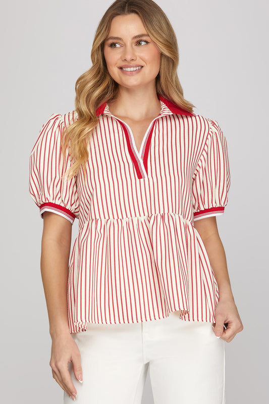 SHORT SLEEVE RIB BAND COLLAR WOVEN STRIPE TOP