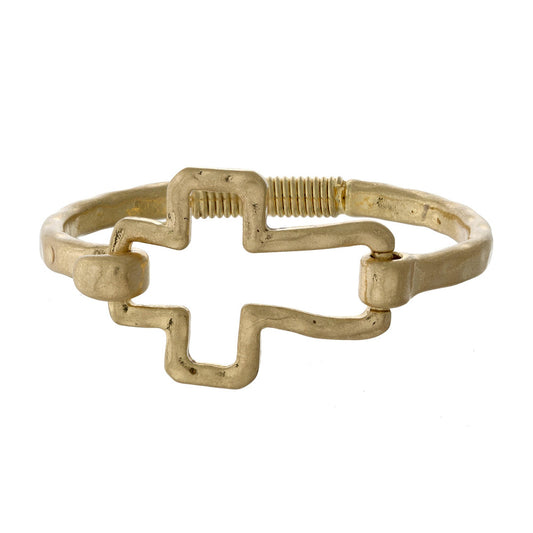 Hammered metal, hinge bracelet with an open cross focal.