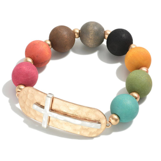 Black Wood And Gold Tone Beads Featuring Hammered Cross Accent