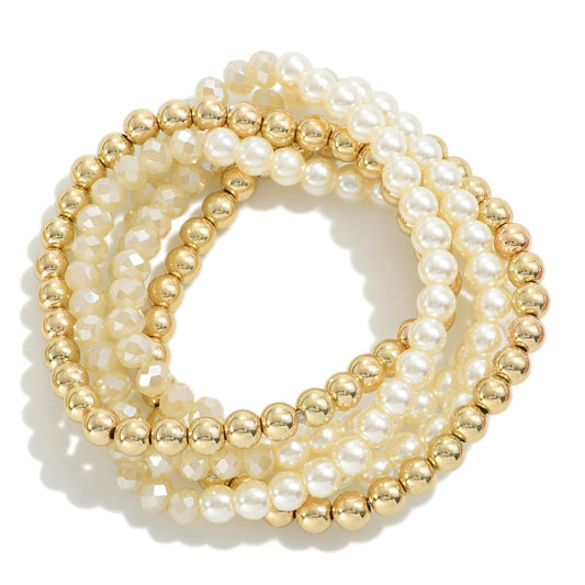 Set of Five Beaded Stretch Bracelets With Pearl Accents