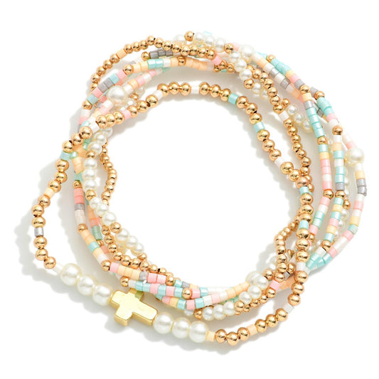 Set of Six Seed Bead, Pearl, and Gold Tone Beaded Stretch Bracelets