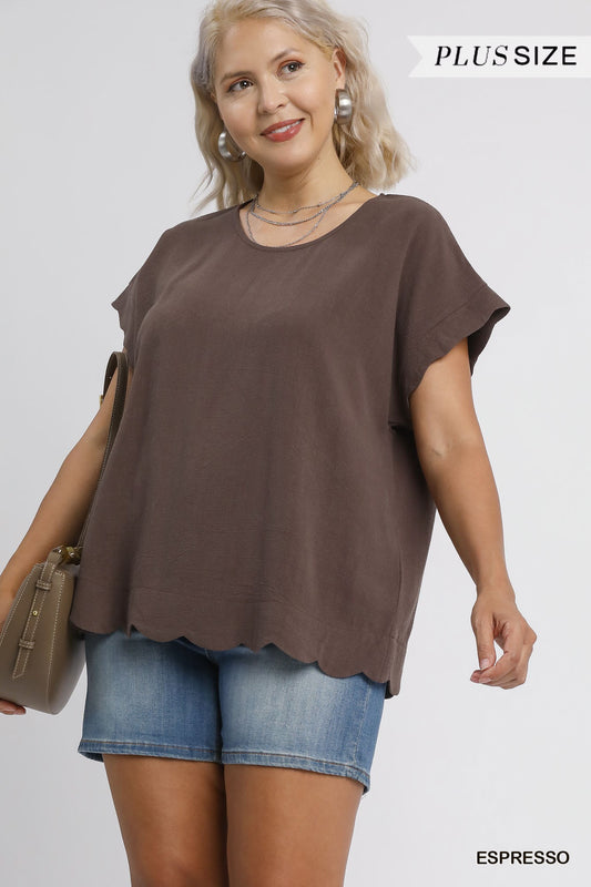 Scallop Hem Linen Blend Top