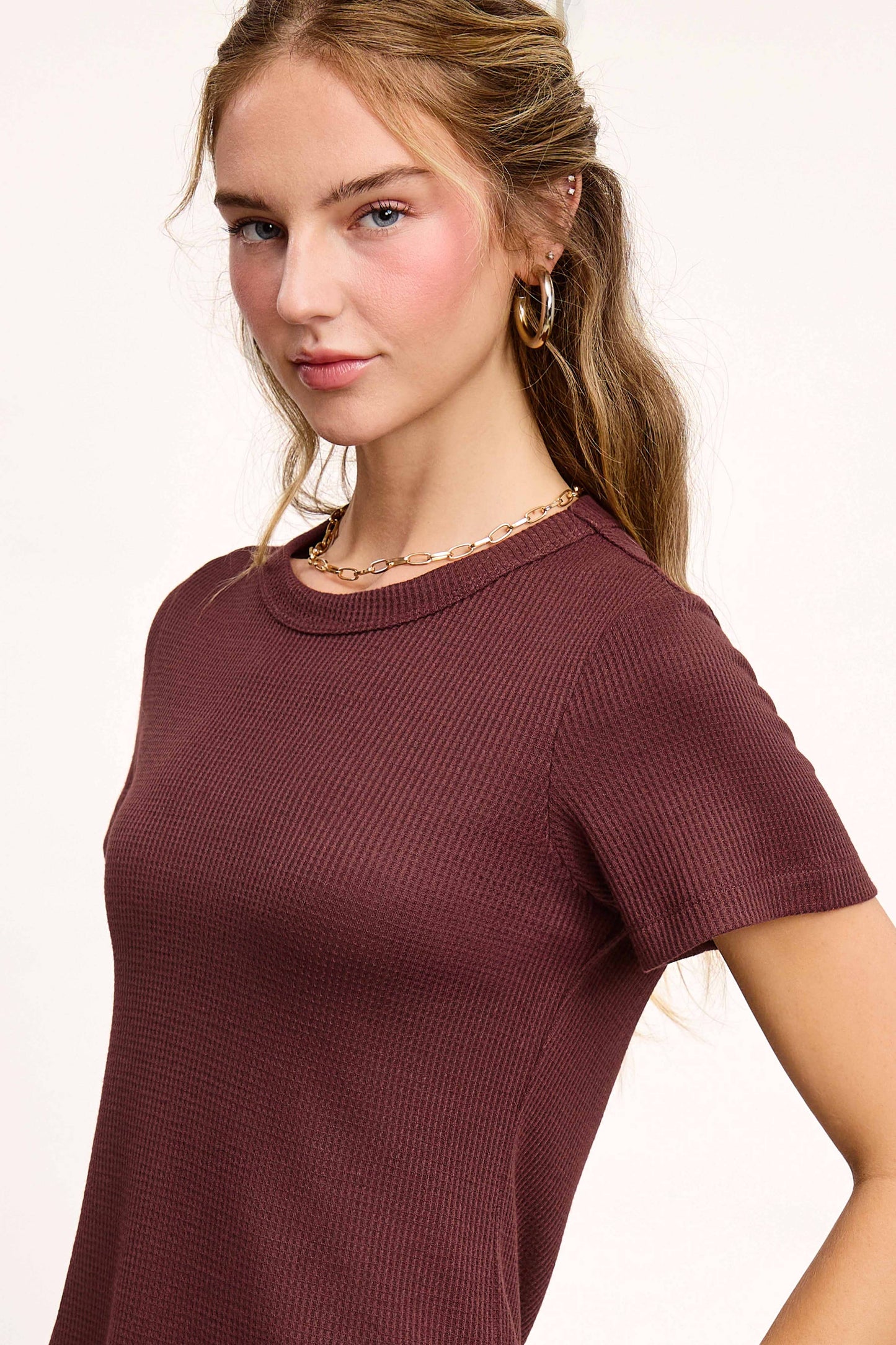 HCT7702-Soft Waffle Knit Slim Fitted Short Sleeve Top