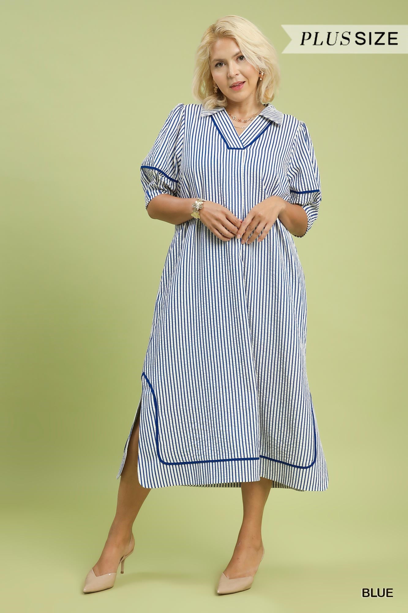 Striped Midi Dress with Puff Sleeves-Plus