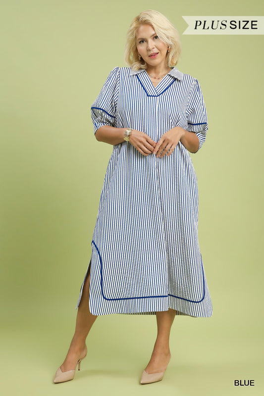 Striped Midi Dress with Puff Sleeves-Plus