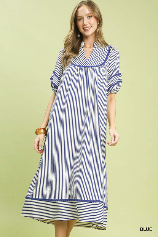 Striped Puff Sleeve Midi Dress