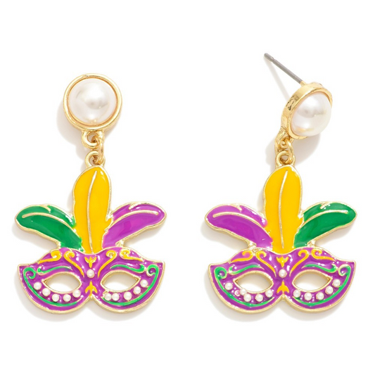Enamel Mardi Gras Mask Post Drop Earrings Featuring Pearl Post