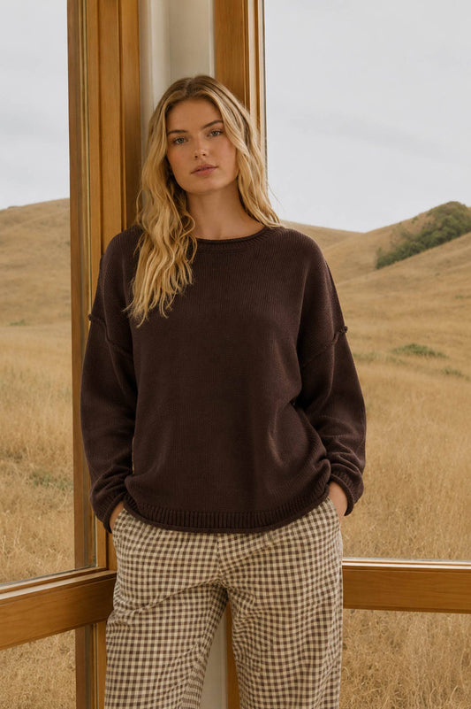 RAW EDGE EXTENDED SHOULDER LONG SLEEVE SWEATER