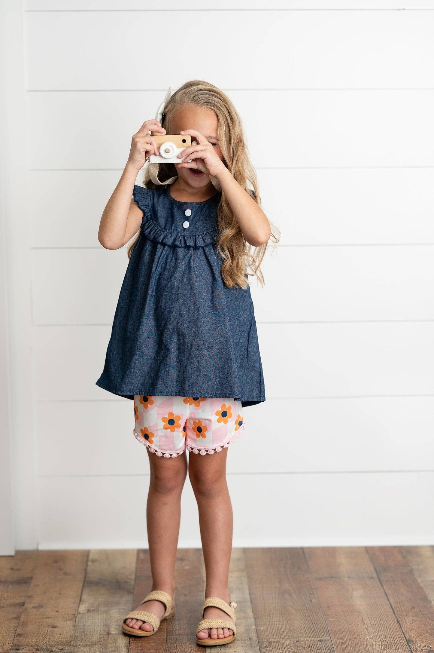 Kids Spring Summer Jean & Retro Flower Check Wave Short Set