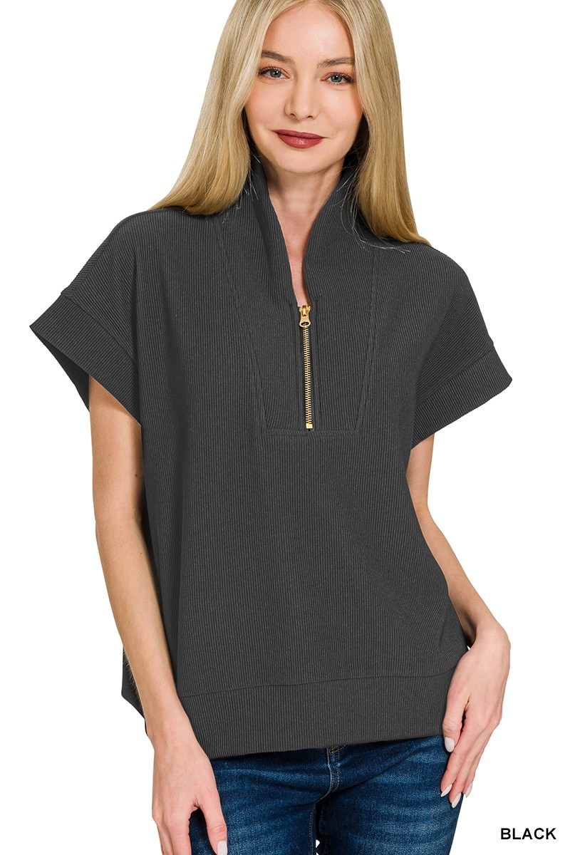 Ribbed high neck half zip top