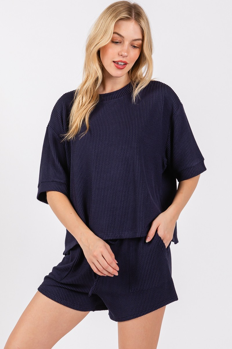 RIBBED ROUND NECK TOP AND SHORTS SET