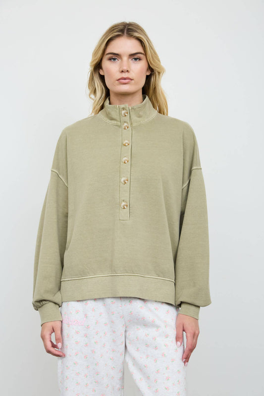 MOCK NECK HENLEY LONG SLEEVE KNIT TOP: LIGHT OLIVE
