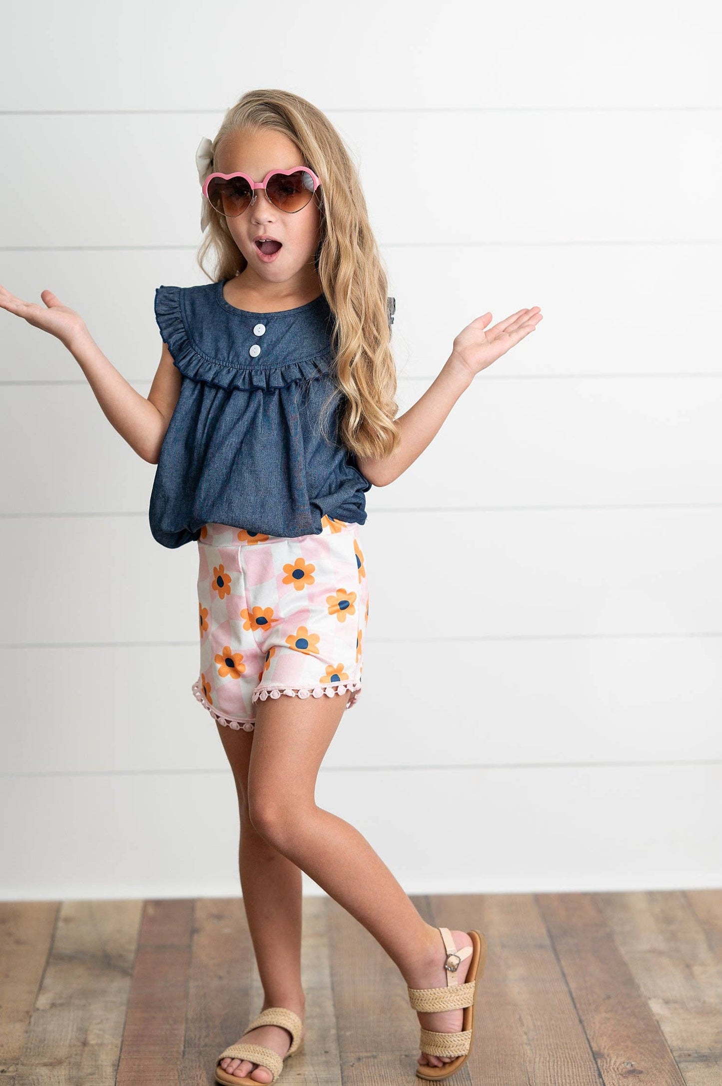 Kids Spring Summer Jean & Retro Flower Check Wave Short Set
