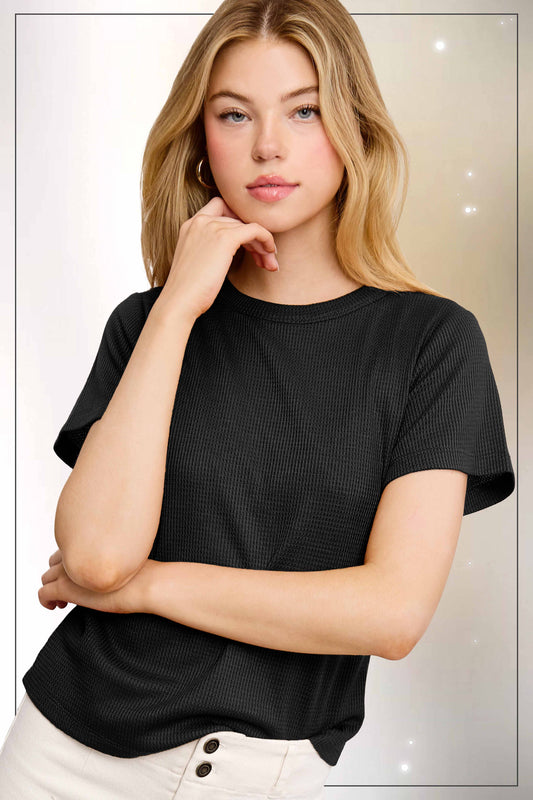 HCT7702-Soft Waffle Knit Slim Fitted Short Sleeve Top