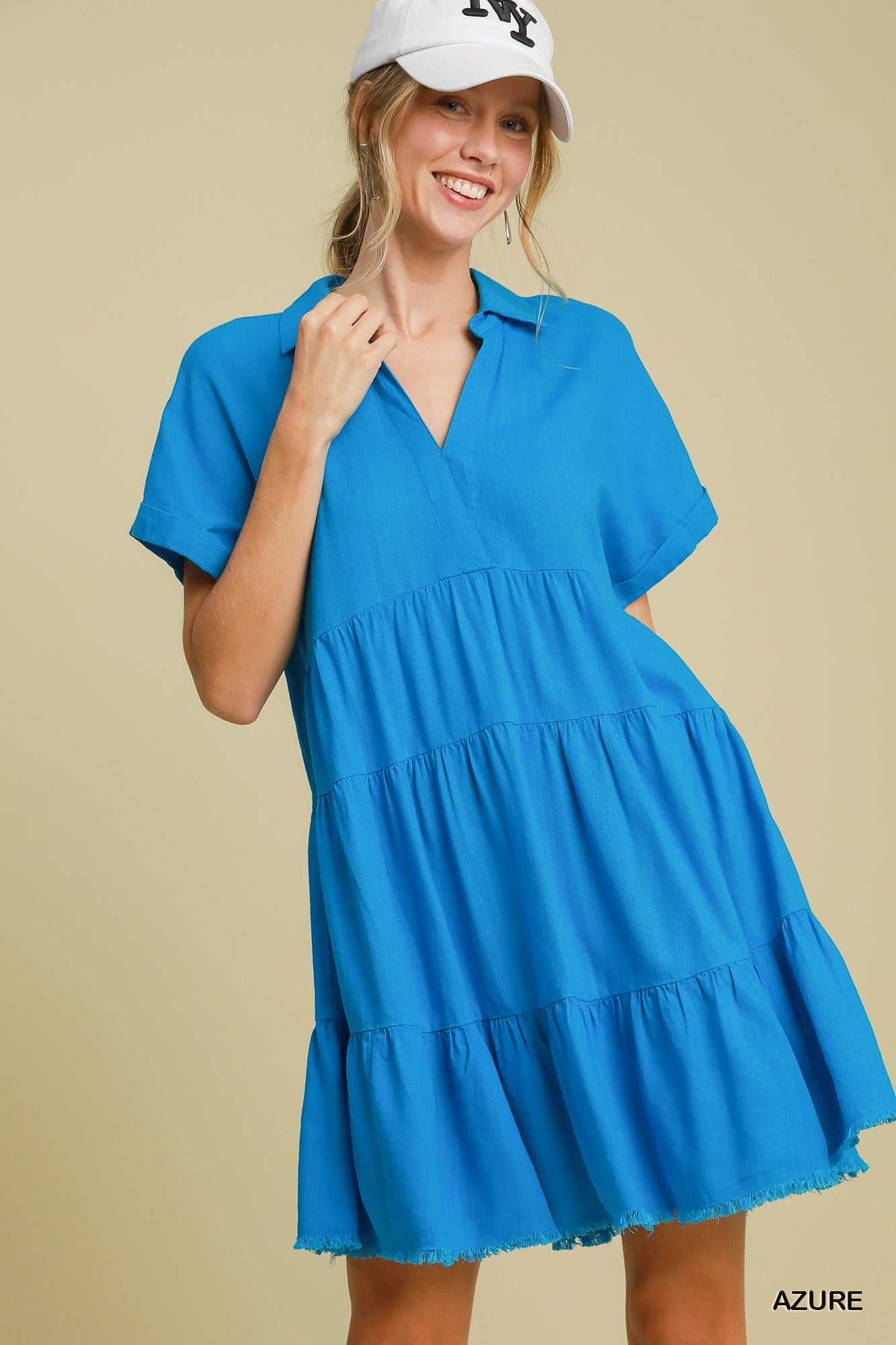 Linen Folded Sleeve Tiered Dress