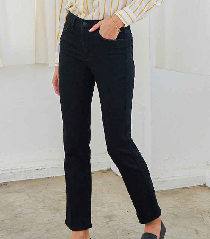 BLACK HIGH RISE BUTTON FLY STRAIGHT JEANS