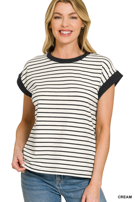 Contrast trim cap sleeve stripe tee