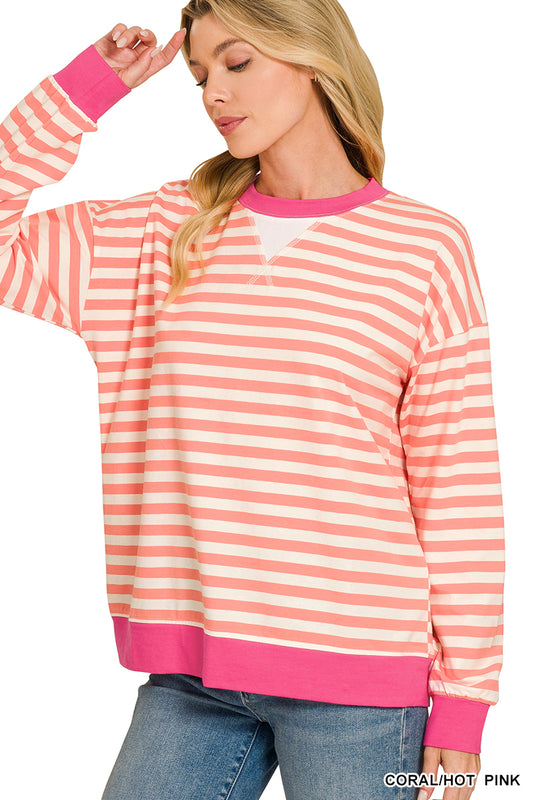 Striped rib banded long sleeve pullover