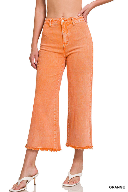 Acid washed high waist frayed hem straight pants