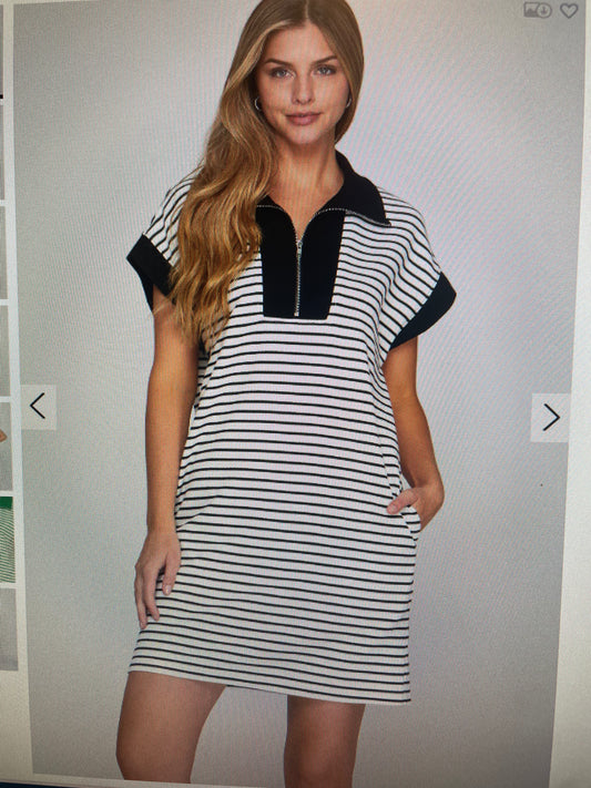SHORT SLEEVE HALF ZIP STRIPED KNIT MINI DRESS WITH POCKETS