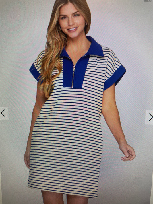 SHORT SLEEVE HALF ZIP STRIPED KNIT MINI DRESS WITH POCKETS
