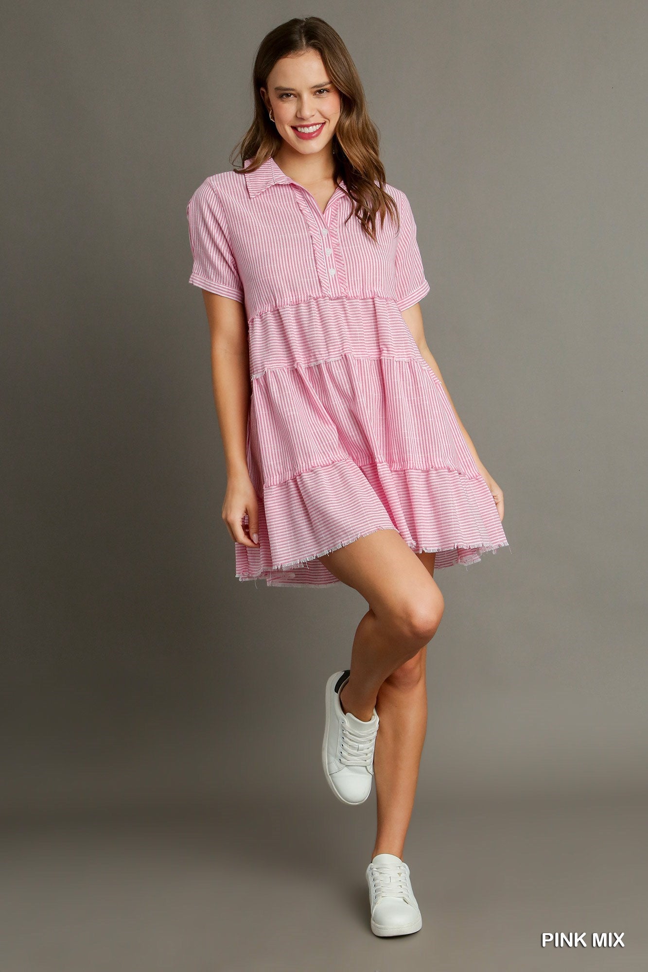 Half Button Up Tiered Striped Collared Dress with Frayed Placket and Button Detail on Arm Cuffs