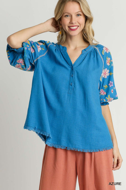 Linen Split Neck Mid Button Down Top
