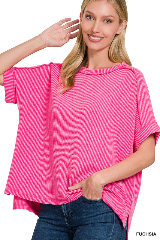 Raised rib cuff sleeve raw edge top