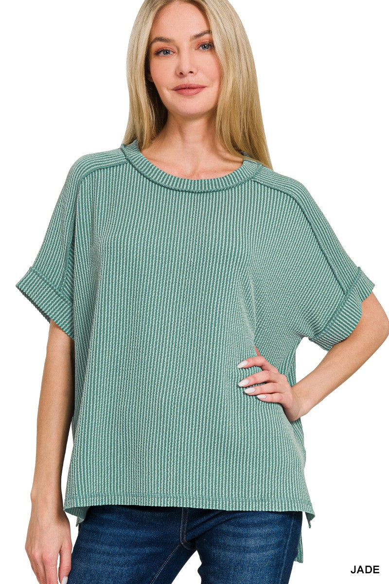 Raised rib cuff sleeve raw edge top