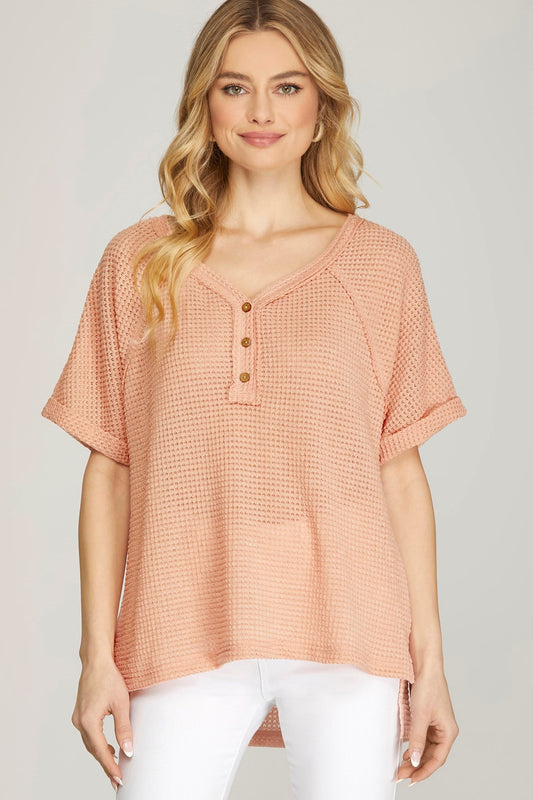 SHORT SLEEVE THERMAL OVERSIZE V NECK TOP