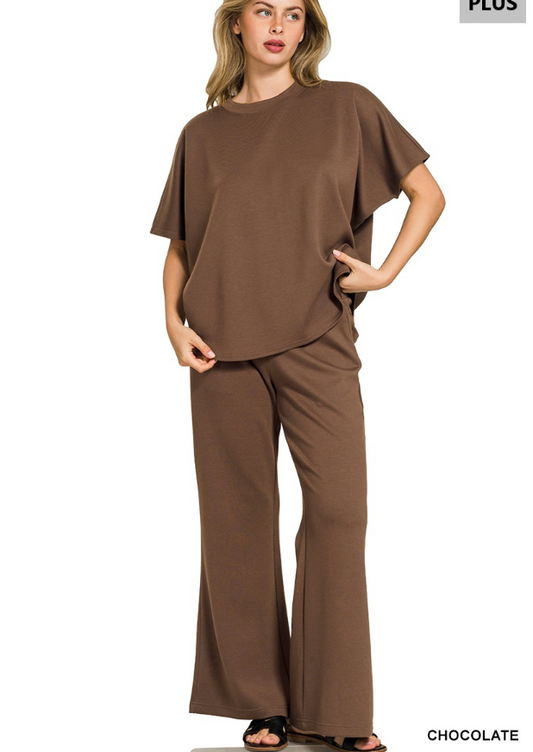 Plus scuba curved hem top & pants set