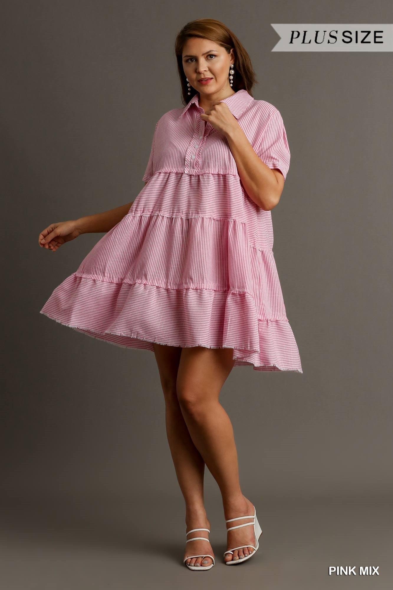 Half Button Up Tiered Striped Collared Dress with Frayed Placket and Button Detail on Arm Cuffs